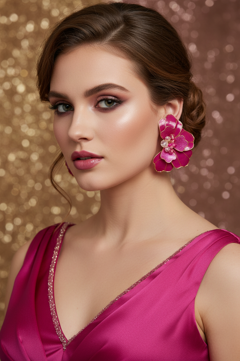 Aros fiesta elegantes madrinas grandes livianos con diseño de autos color fucsia 