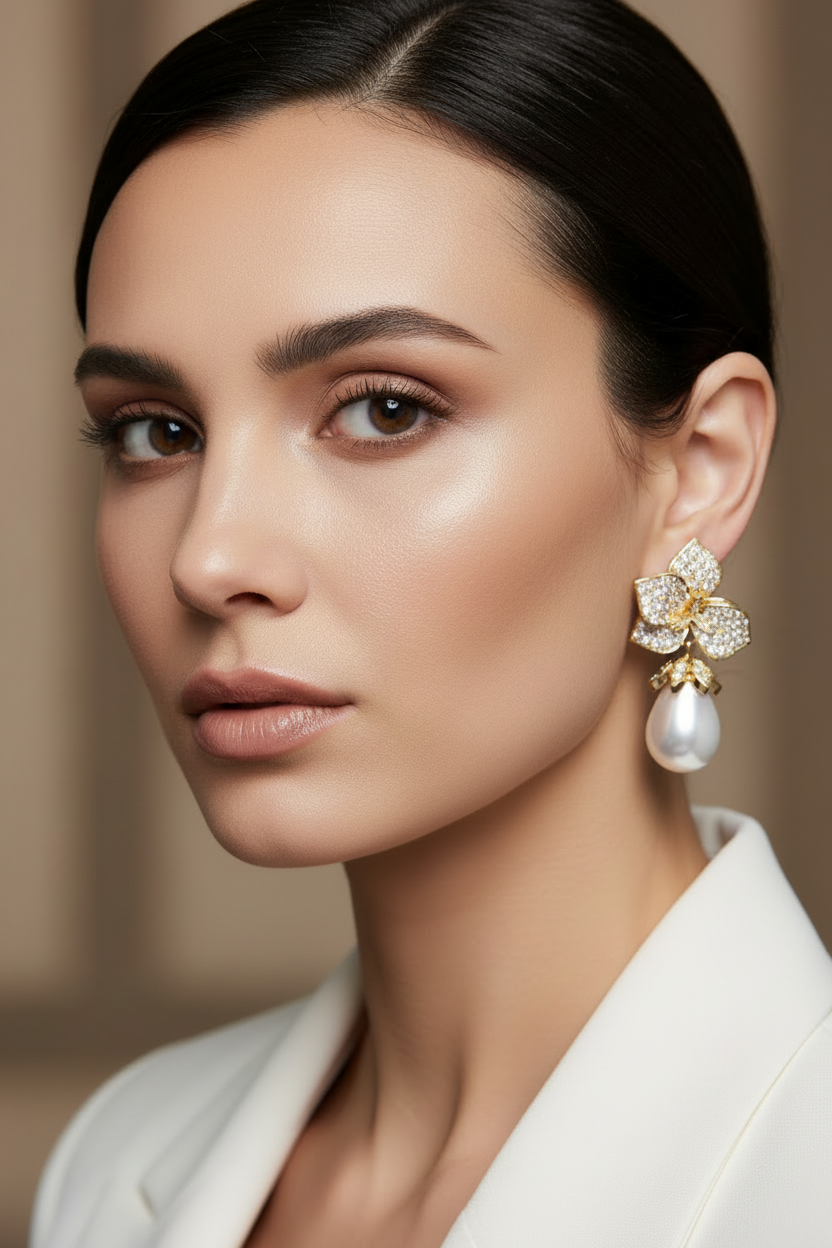 aros elegantes con perla shell lágrima y circones brillantes