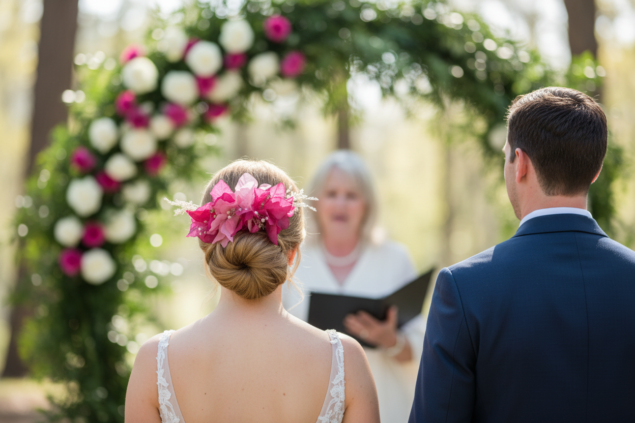 Tocado de Novia Bugambilias Rosada y fucsia Peinado recogido 