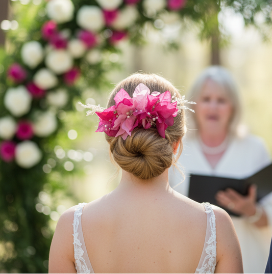 Tocado de novia floral, bugambilias rosa y fucsia con flores preservadas y perlas 