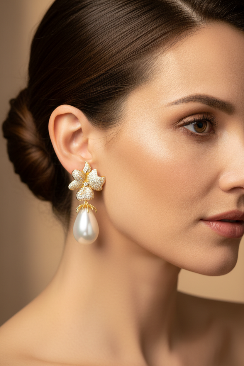 Aros fiesta novia circones flor y perla shell bañados en oro hipoalergénico 