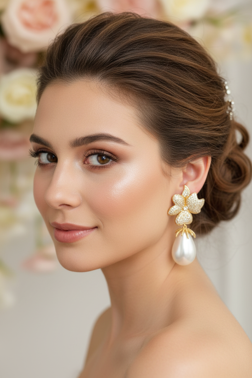 Aros fiesta novia circones flor y perla shell 