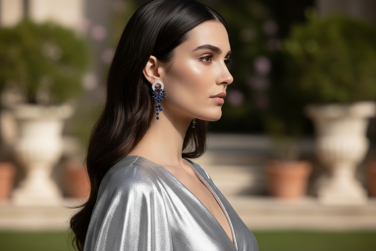 aros plata y azul profundo con circones brillantes elegantes