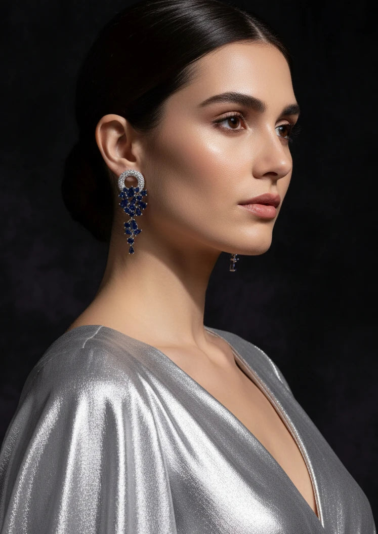 aros plata y azul profundo con circones brillantes elegantes Fiesta novias madrinas 
