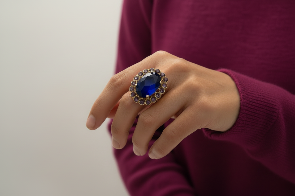 Anillo azul y morado de piedras naturales bañado en oro ajustable a cualquier talla