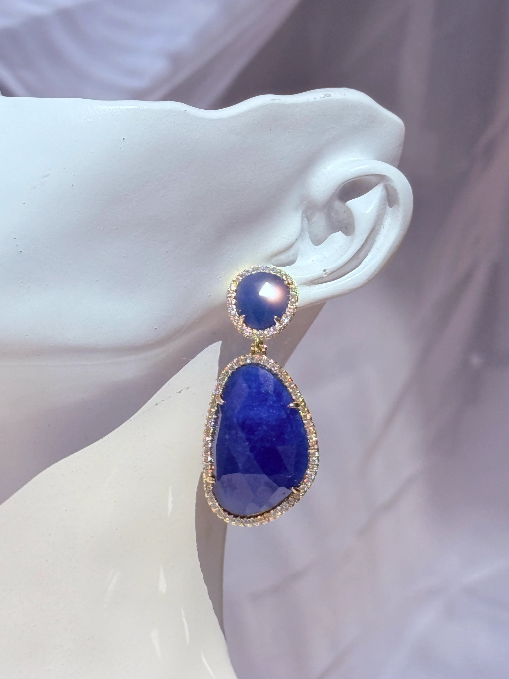 aros piedra azul doble caída con circones bañados en oro