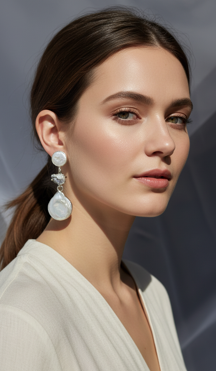 Aros de perla barroca natural y cristal en plata 925 