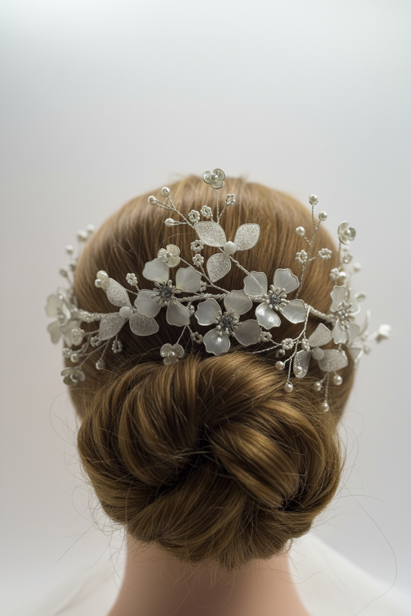 Tocado de novia flexible en flores blancas brillantes y blancas nacaradas con detalles en perlas 