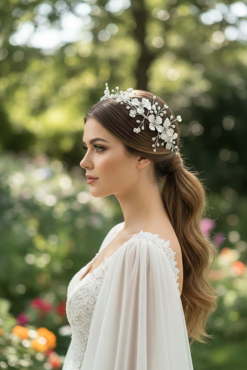 Tocado de novia flexible en flores blancas brillantes y blancas nacaradas con detalles en perlas 