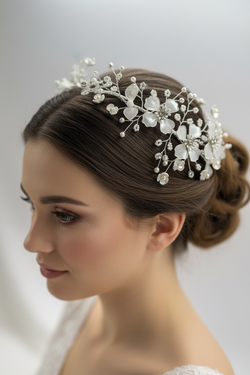 Tocado de novia flexible en flores blancas brillantes y blancas nacaradas con detalles en perlas 