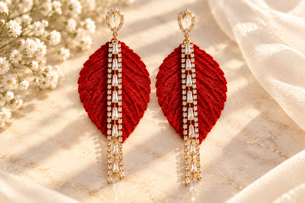 Aros hoja de terciopelo rojo con cascada de circones