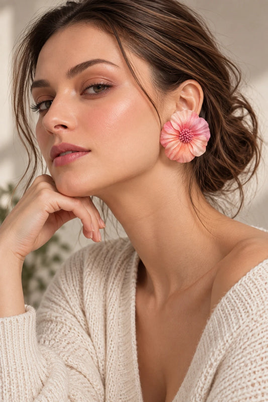 Aros maxi flor de terciopelo degradé rosa pastel, grandes y livianos