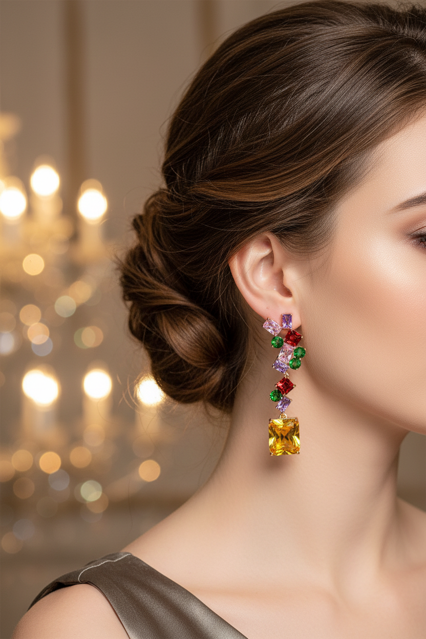 Aros fiesta cristales multicolor amarillo verde rojo rosa bañados en oro 