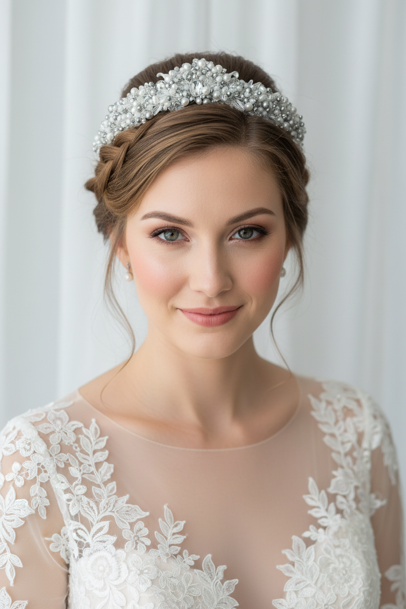 Novia usando corona con cristales y perlas