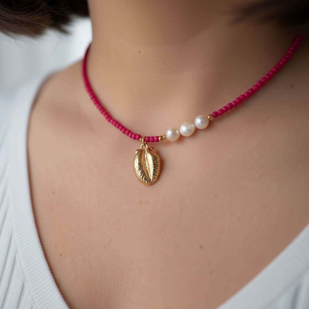 collar fucsia con caracola bañada en oro 18k y perlas naturales