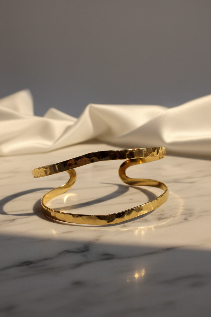 La Pulsera Esclava Doble Martillada Bañada en Oro 18K – Golden Flow es una pieza moderna y sofisticada