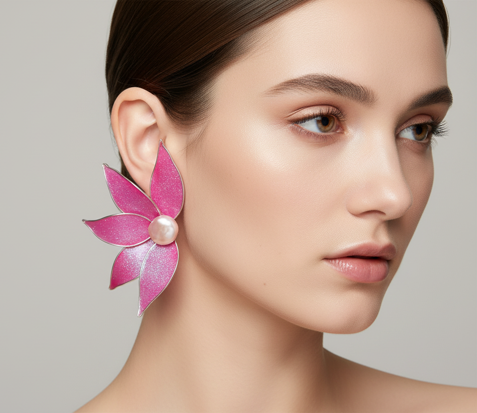 Maxi aros flor rosa glitter 
