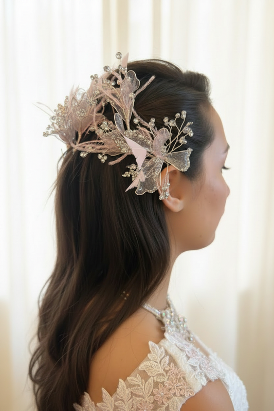 Tocado de Novia Flores de Cristal y Plumas