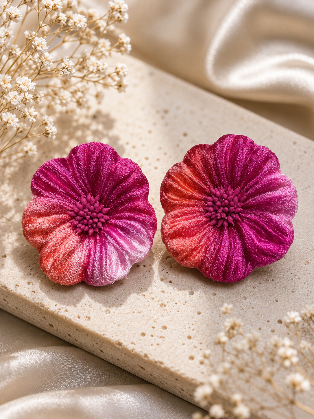 Aros Maxi Flor Terciopelo Degradé Fucsia Terciopelo pintado y trabajado a mano Muy livianos 