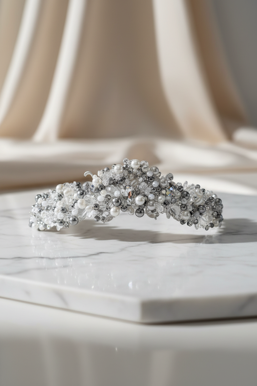 Corona o tiara de novia con cristales y perlas 