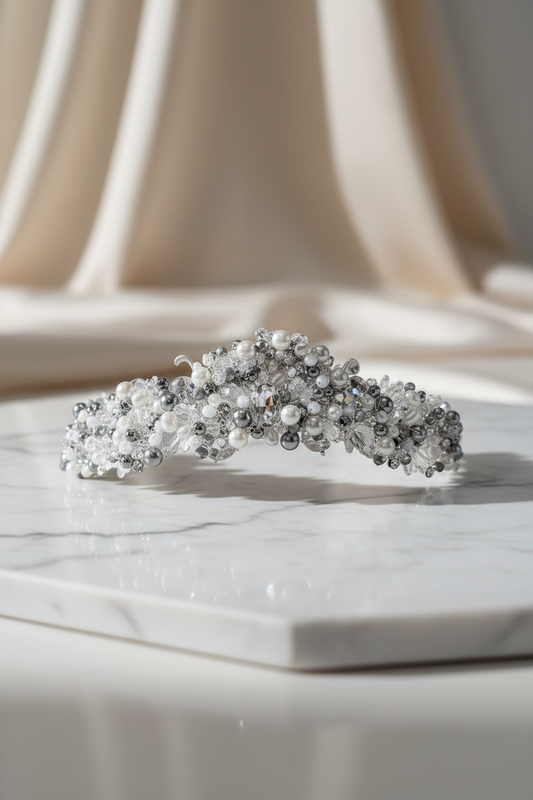 Corona o tiara de novia con cristales y perlas 