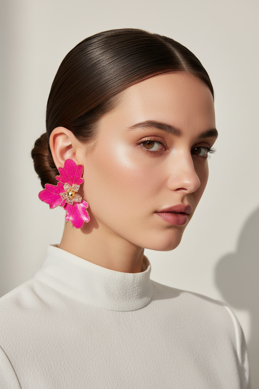 Modelo utilizando aros que elevan e look aros fucsia grandes y livianos La Merced joyas 