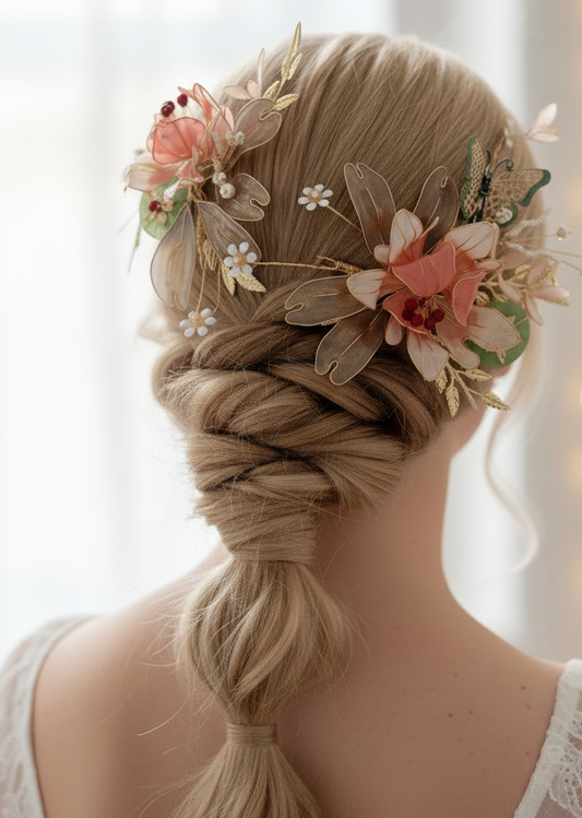 Tocado de novia Floral con detalles de mariposas pintadas en colores damasco