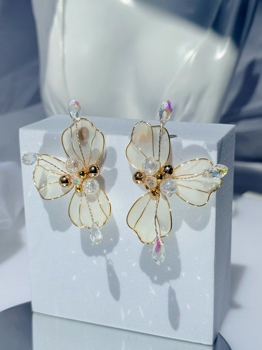 Aros Flores de Cristal Blanco Mate y  Gold