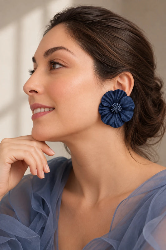 Aros maxi flor de terciopelo azul marino, grandes y livianos