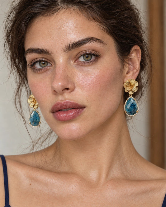 Aros Flor Dorada con Apatita Azul y Circones