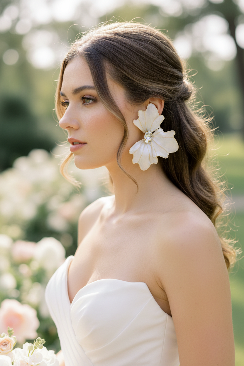 Aros de novia protagonistas maxi aros color nácar y cristal central 