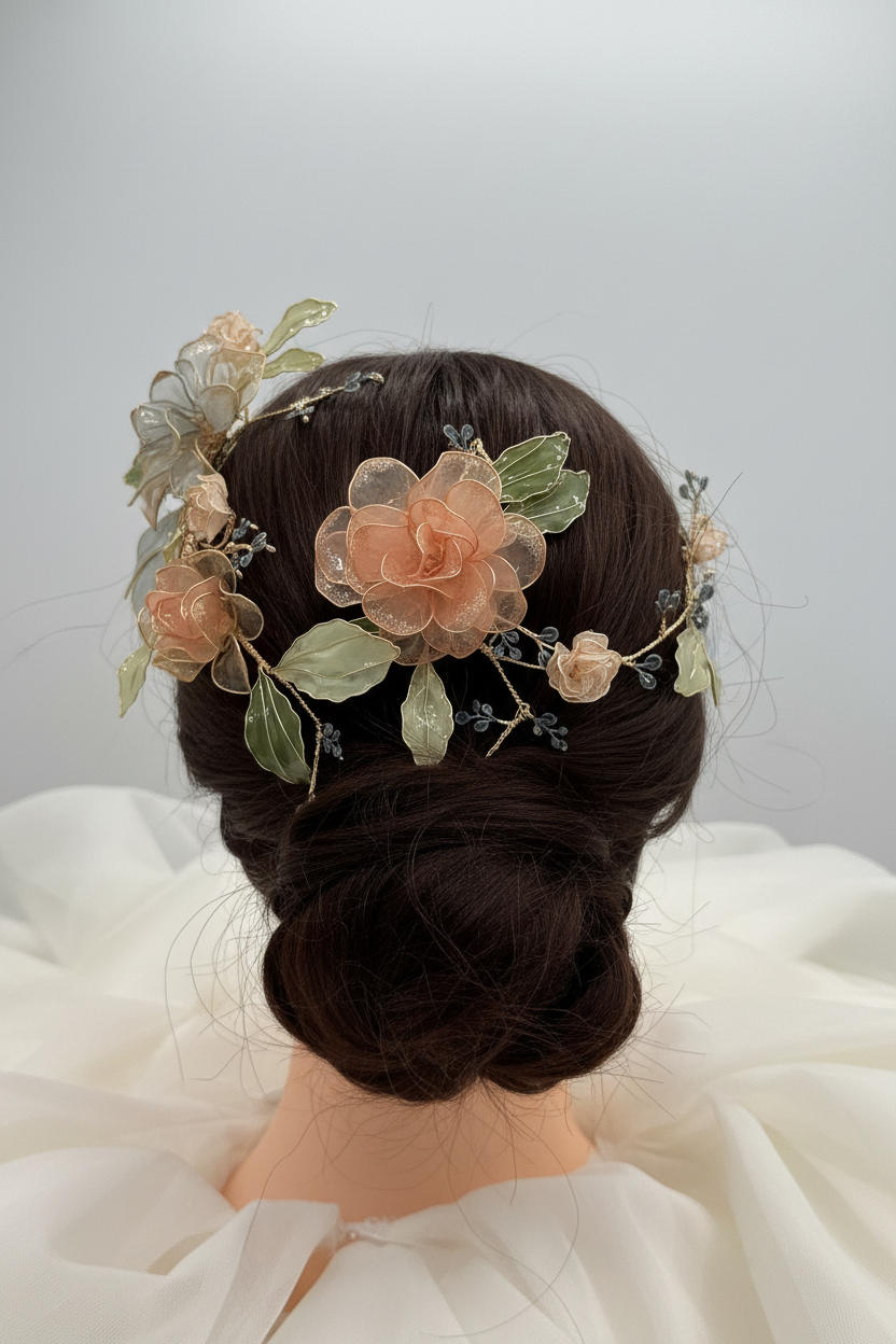Tocado de novia floreal de dos piezas en colores pastel se puede usar con cualqioer tipo de peinado 