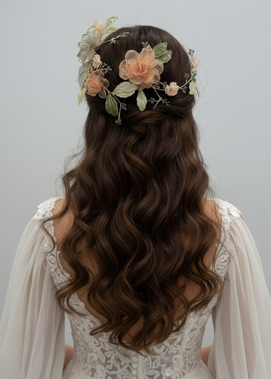 Tocado de novia floreal de dos piezas en colores pastel se puede usar con cualqioer tipo de peinado 