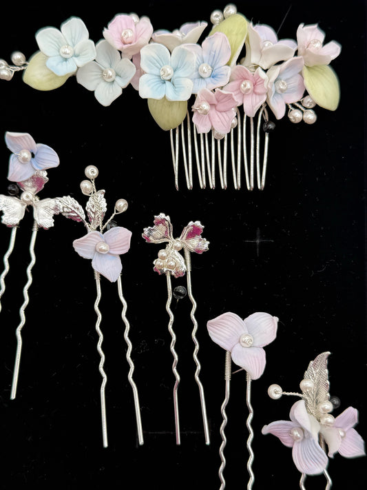 El Set de Novia Tocado & 5 Pins Pastel Bloom
