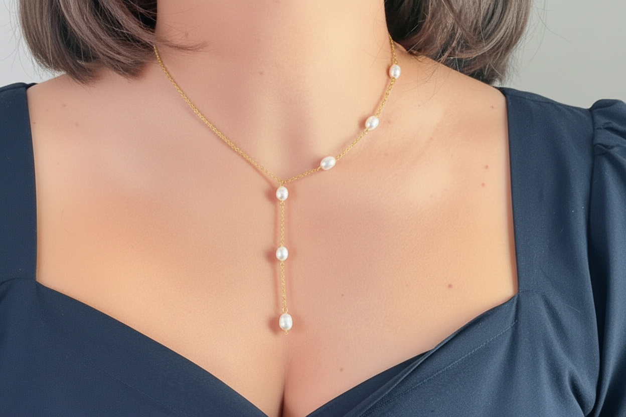 Collar de perlas naturales bañado en oro con forma asimétrica y colgante