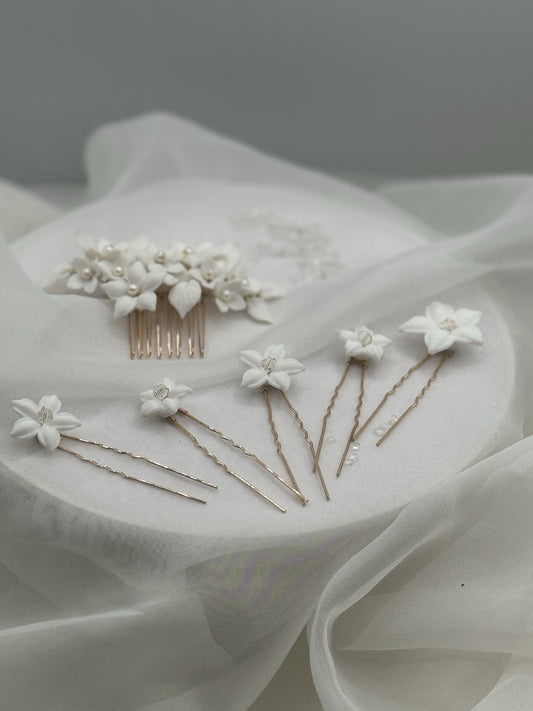 Set de Novia - Peine y 5 pins Flor de Jazmín