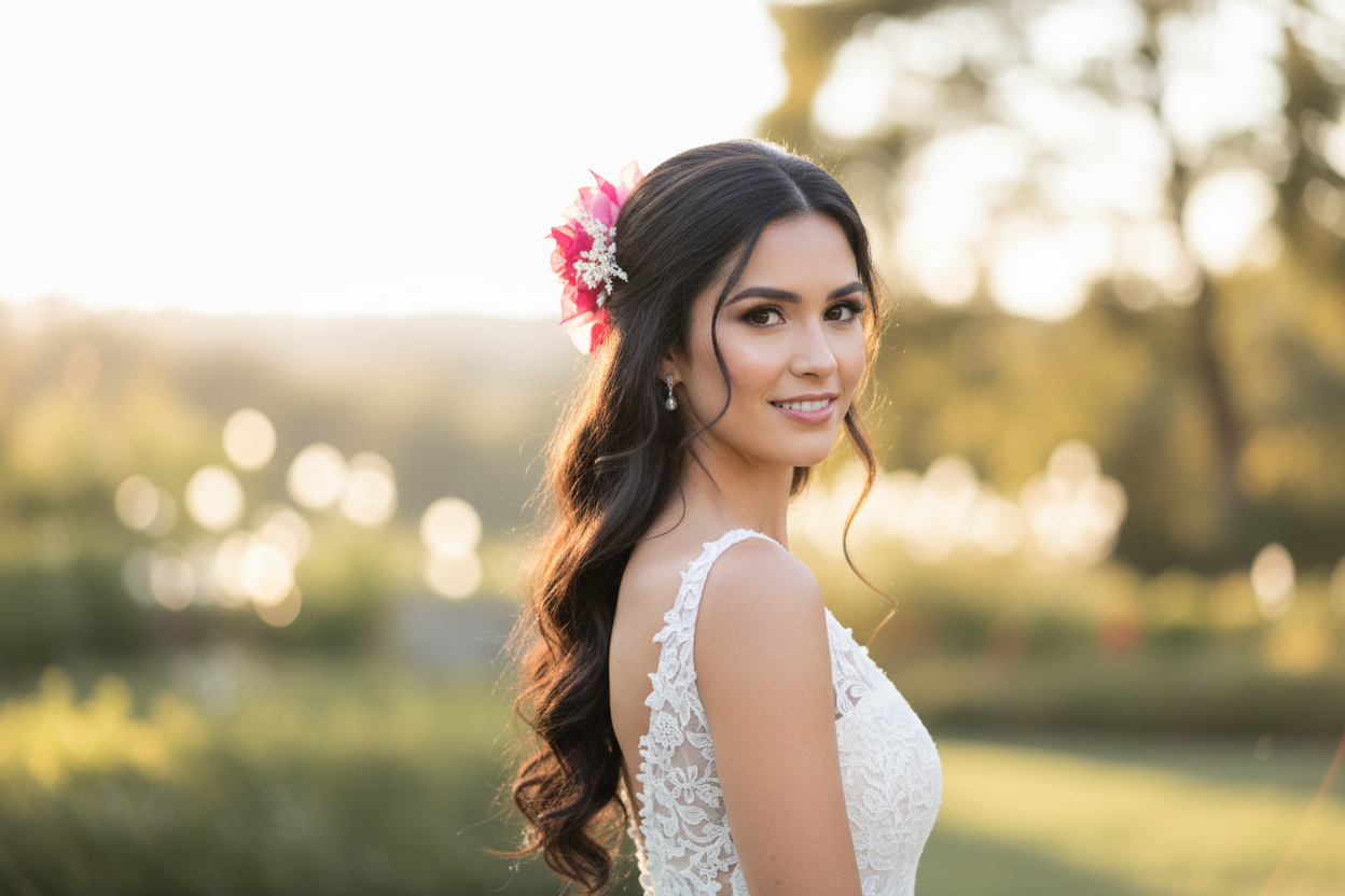 Novia con Tocado de Novia Bugambilias Rosada y fucsia
