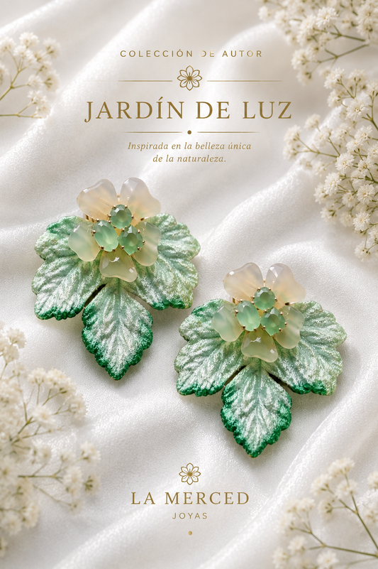 Aros Hoja de Terciopelo Verde Menta Flor de Luz
