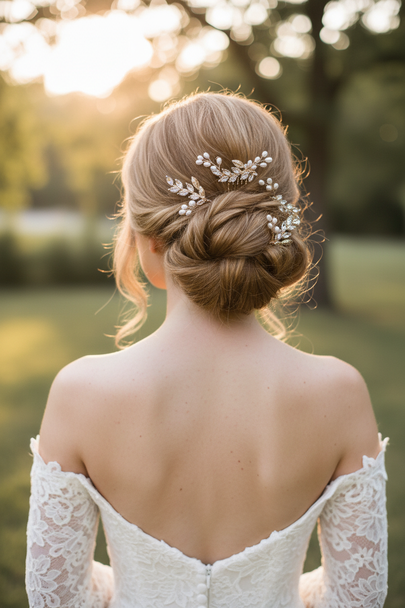 Tocado de novia, set de peine y 4 pins con circones y perlas naturales 