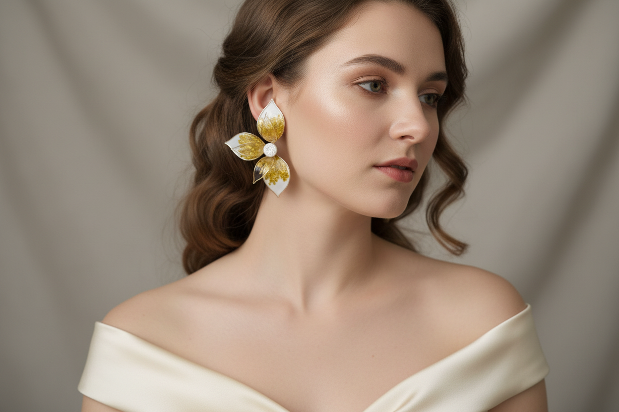 Mujer usando aros flor dorada y Blanca grandes y ultra livianos con cristales checos