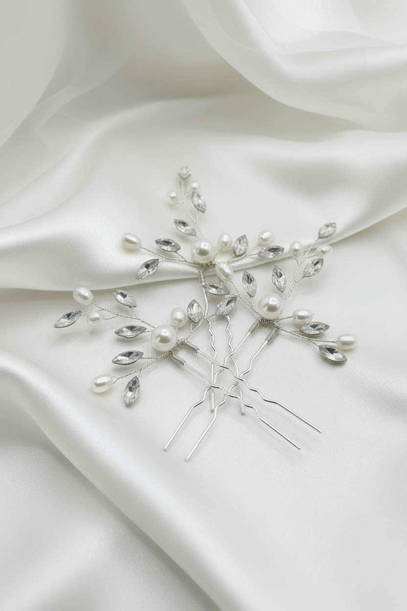set de 3 pins de novia en color plata con perlas naturales y cristales tipo circón