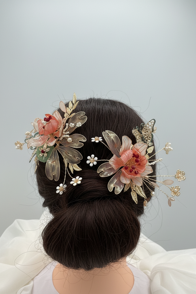 Tocado de novia Floral con detalles de mariposas pintadas en colores damasco y dorado
