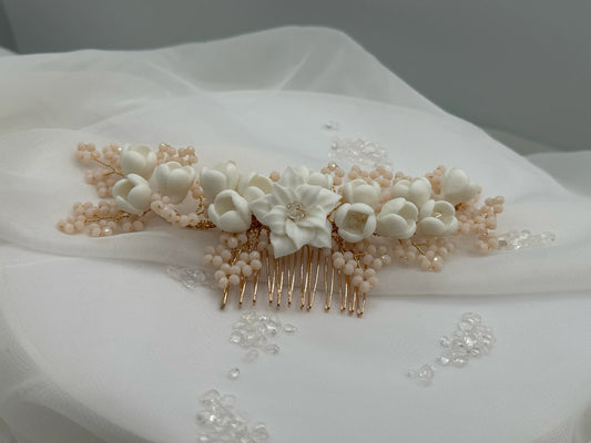Tocado Novia Flores de Porcelana y Calcedonia - Rose Mary