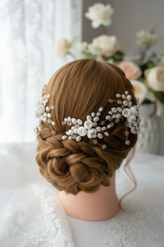 Set de dos pins de novia hechos con flores de porcelana fria, perlas naturales y cristales checos 