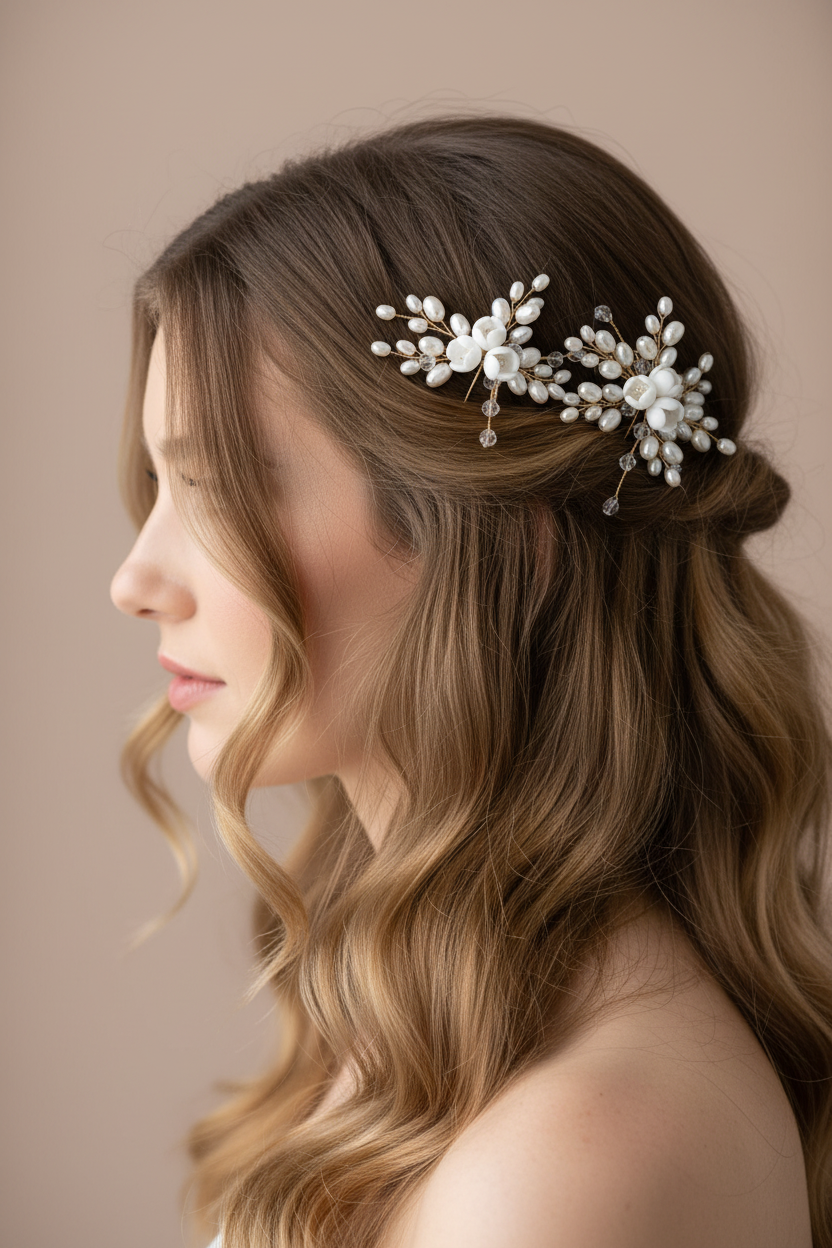 Set de dos pins de novia hechos con flores de porcelana fria, perlas naturales y cristales checos 