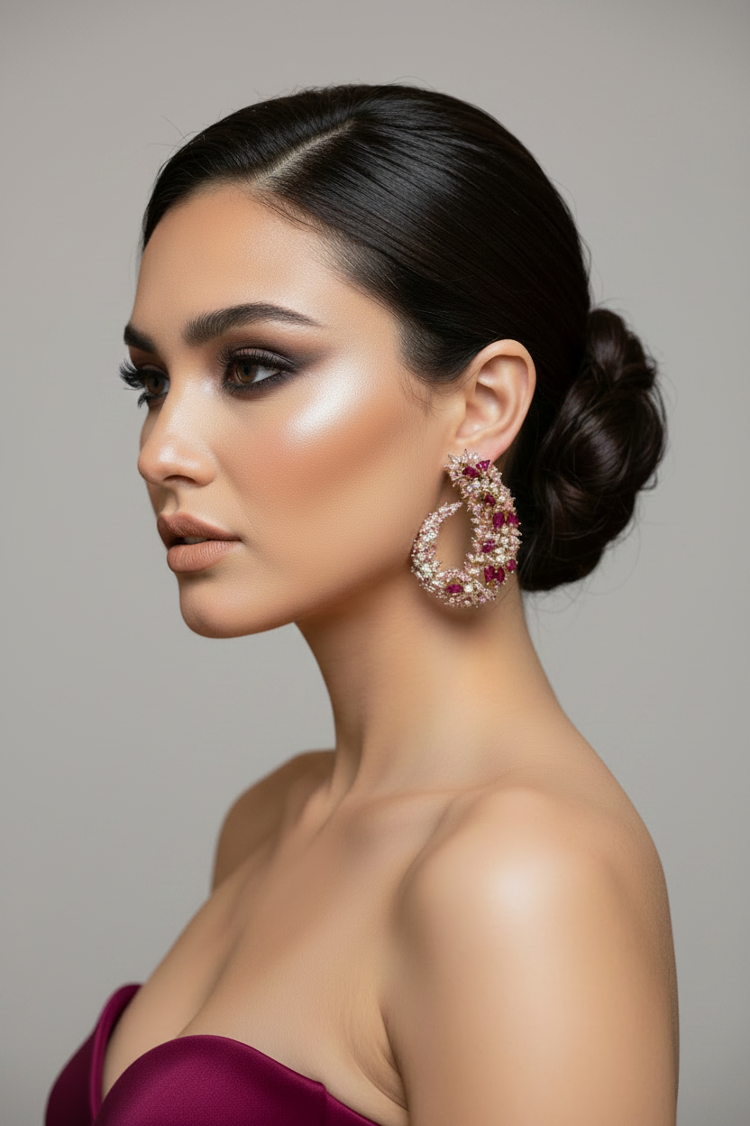 Aros espiral floral fucsia rosa circonitas oro rosado rose gold - La Merced Joyas
