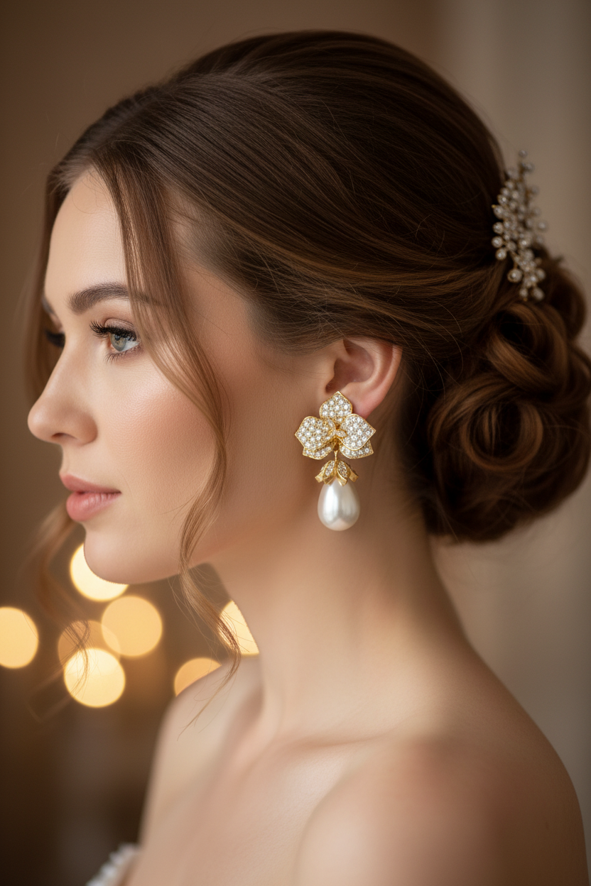 aros novia madrina fiesta elegantes con perla shell lágrima y circones brillantes