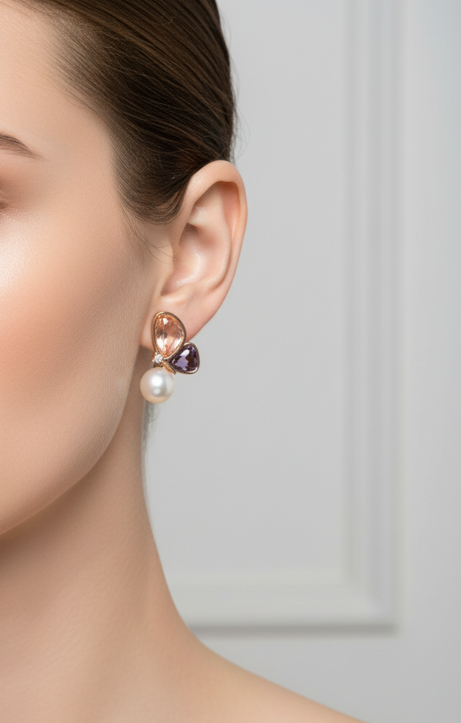 aros bañados en oro mariposa circones  bicolor con perla natural joyería elegante la merced joyas
