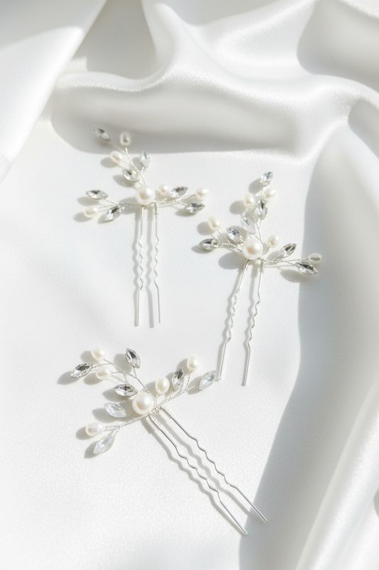set de 3 pins de novia en color plata con perlas naturales y cristales tipo circón
