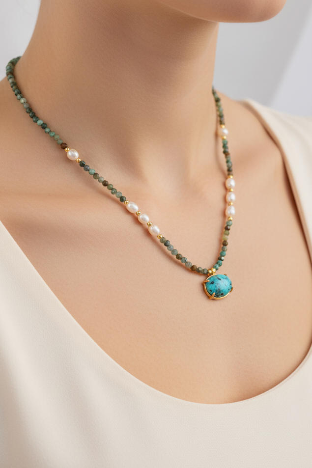 collares con piedras naturales ovaladas y perlas bañados en oro en diferentes colores Jaspe imperial 